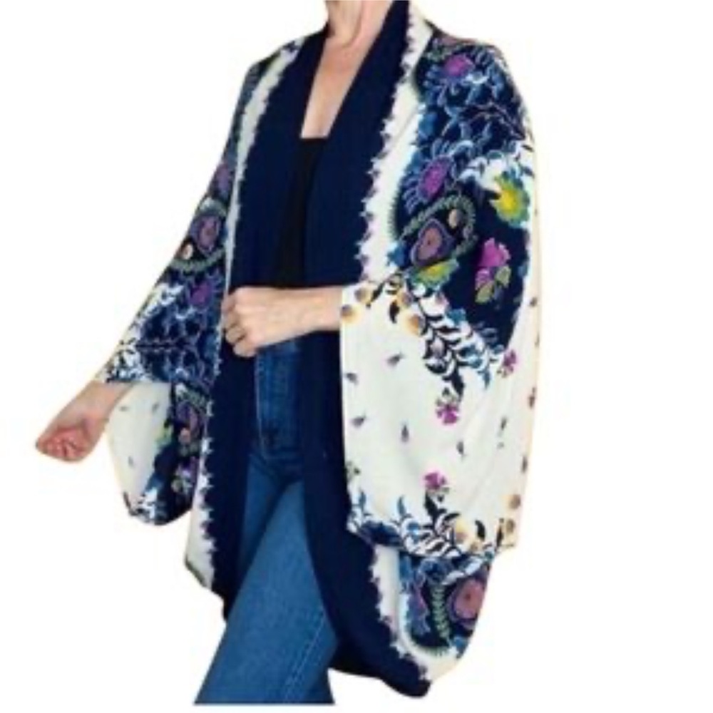 Anthropologie Navy & White Floral Embroidered Kimono Cardigan